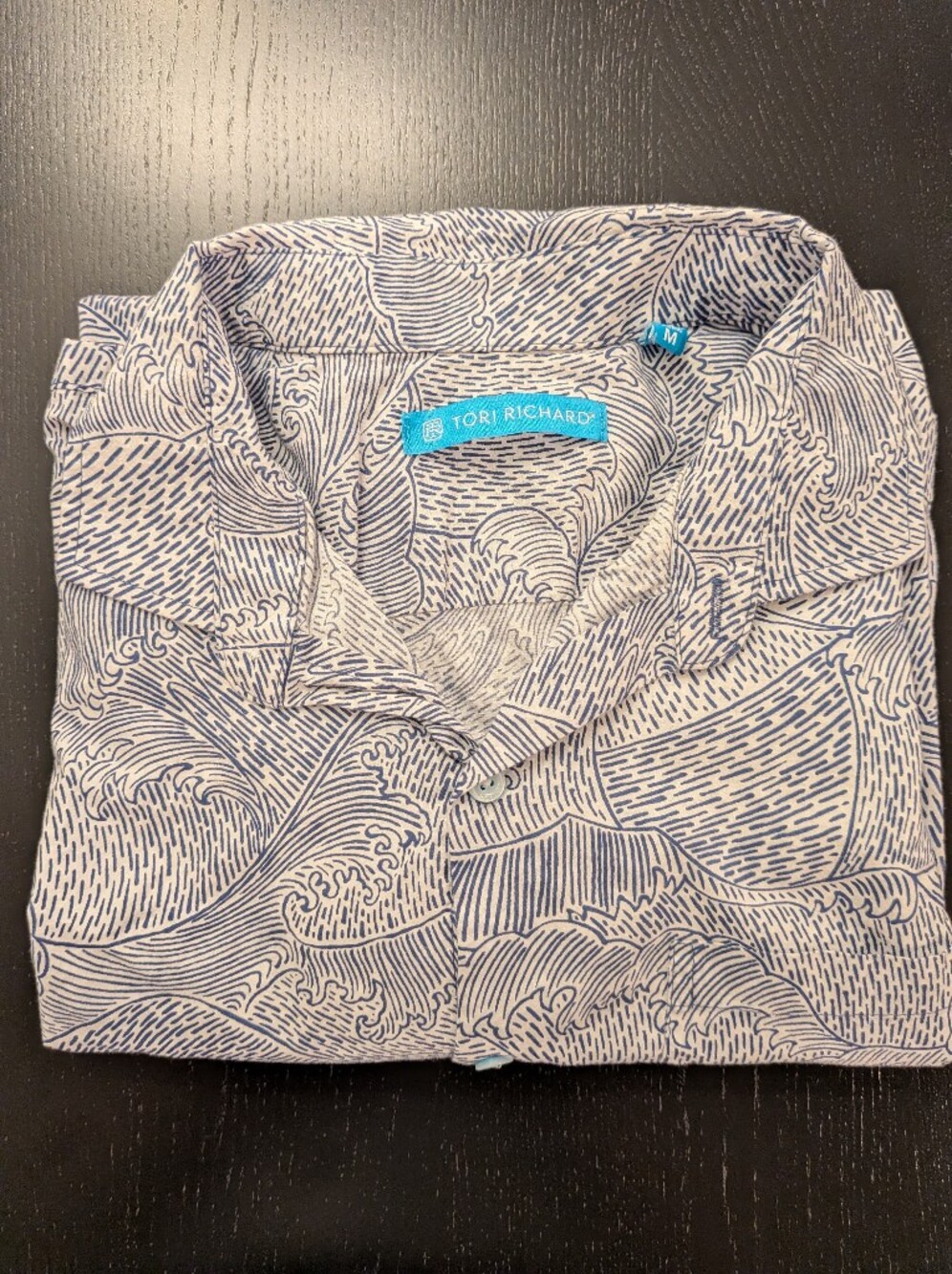 Tori Richard Navy Wave-Print Button-Up on Cream
